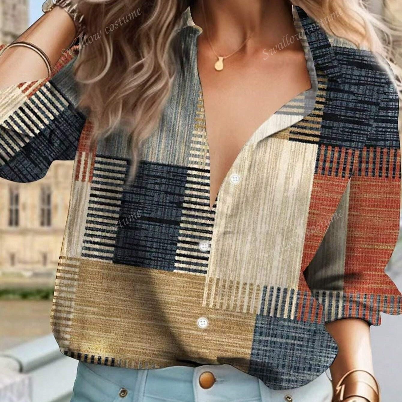 Color Block Button Print Long Sleeve Casual Retro Shirt.
