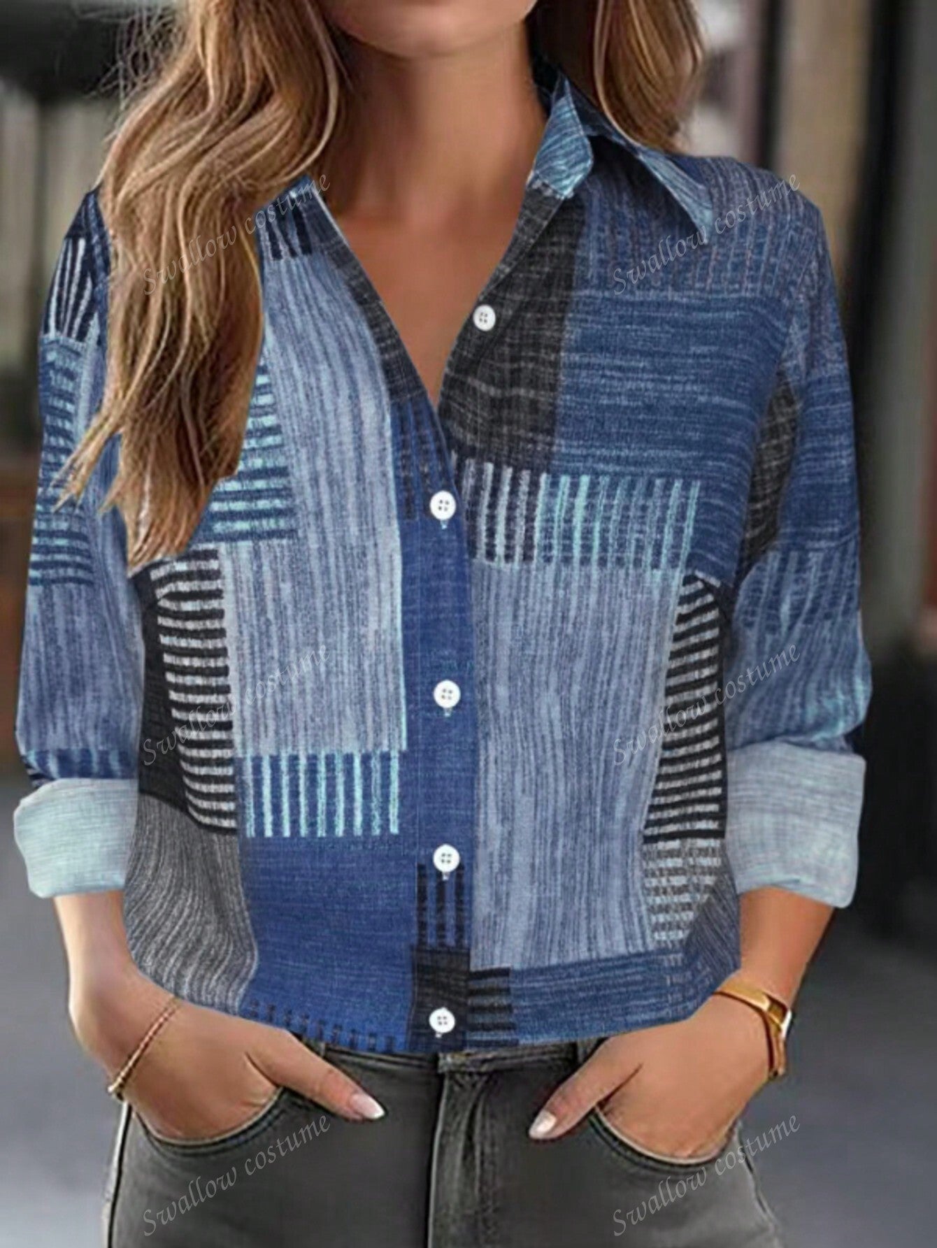 Color Block Button Print Long Sleeve Casual Retro Shirt.