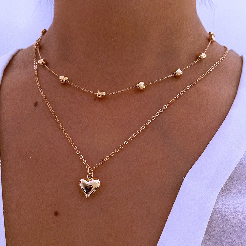 Double-layer Heart Pendant Fine Chain Necklace For Women Multilayer Gold Color Metal Necklaces Fashion Jewelry Accessories.