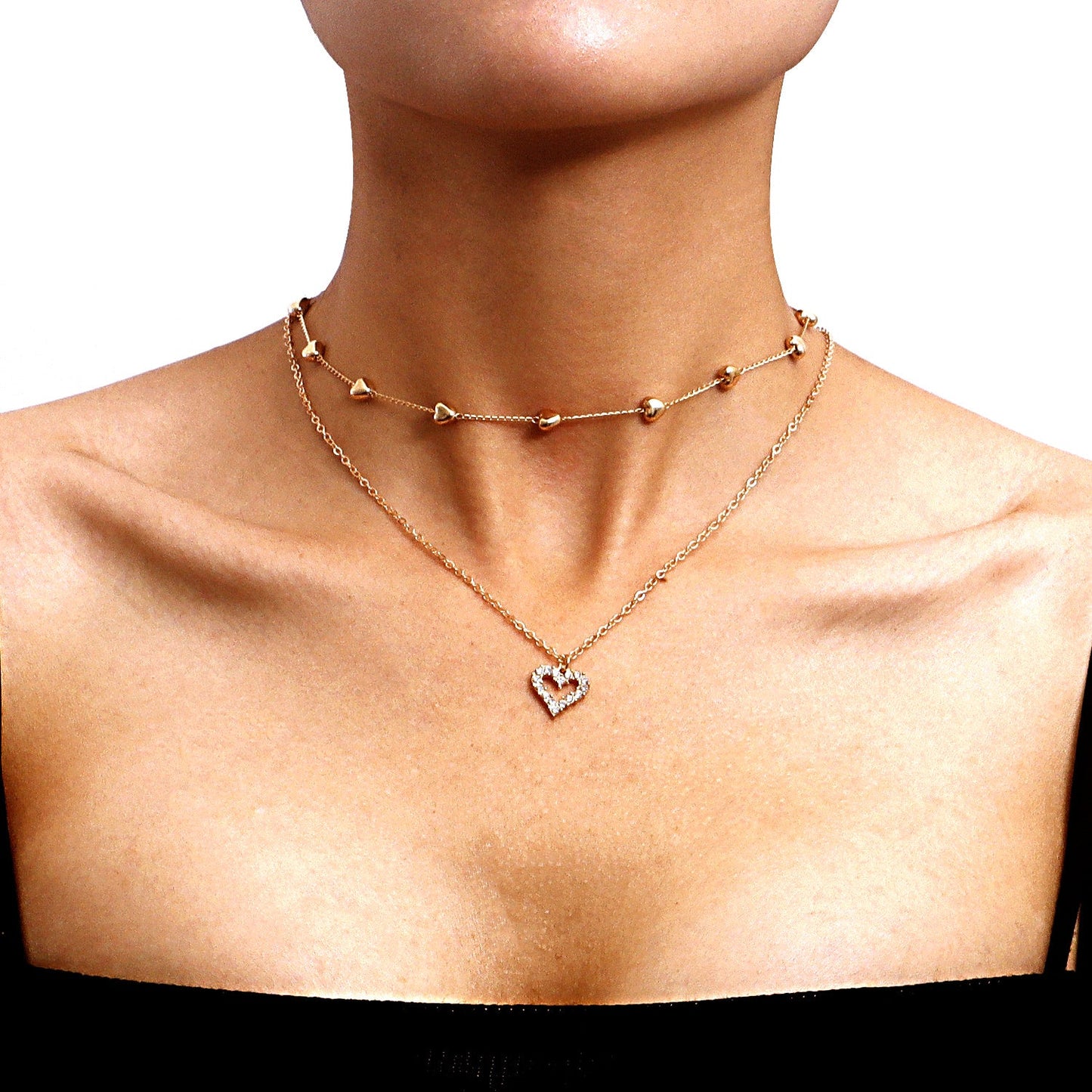 Double-layer Heart Pendant Fine Chain Necklace For Women Multilayer Gold Color Metal Necklaces Fashion Jewelry Accessories.