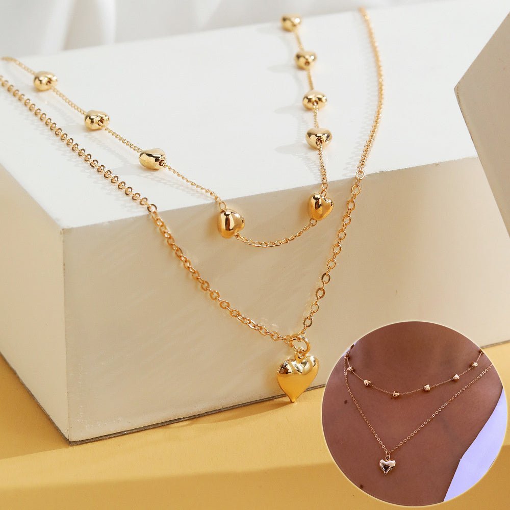 Double-layer Heart Pendant Fine Chain Necklace For Women Multilayer Gold Color Metal Necklaces Fashion Jewelry Accessories.