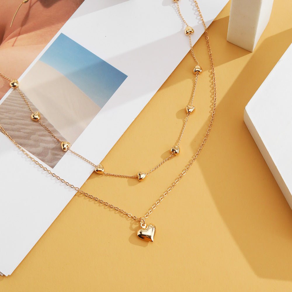 Double-layer Heart Pendant Fine Chain Necklace For Women Multilayer Gold Color Metal Necklaces Fashion Jewelry Accessories.