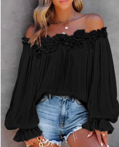 Casual Blouses Shoulder Off-Shoulder Long Sleeve Top Lotus Leaf Sleeve Shirt Loose Women's Clothing.
