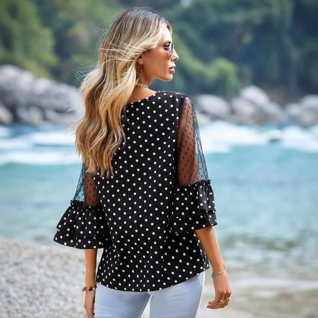 European And American Loose Casual Bell Sleeve Polka Dot Lace Patchwork Round Neck Top.