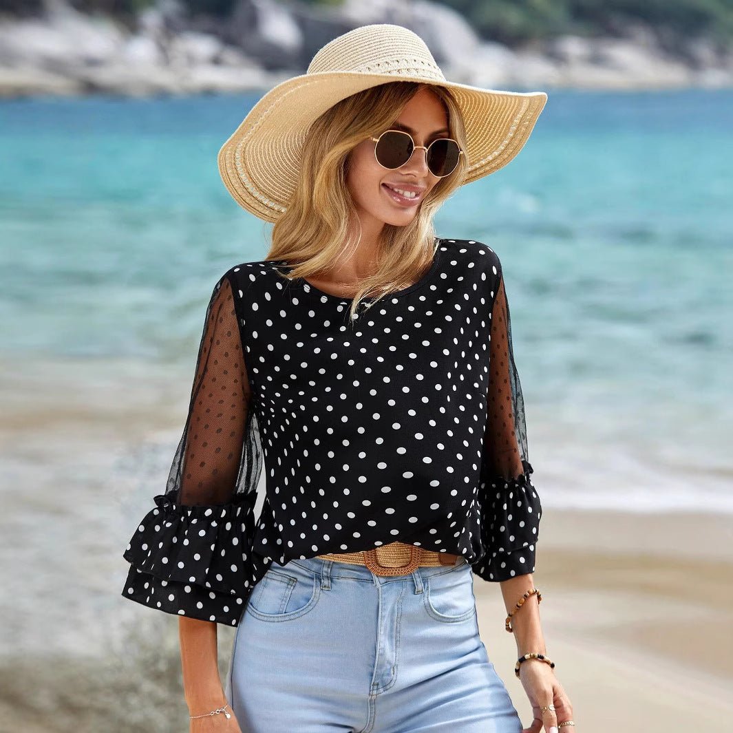 European And American Loose Casual Bell Sleeve Polka Dot Lace Patchwork Round Neck Top.
