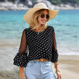 European And American Loose Casual Bell Sleeve Polka Dot Lace Patchwork Round Neck Top.