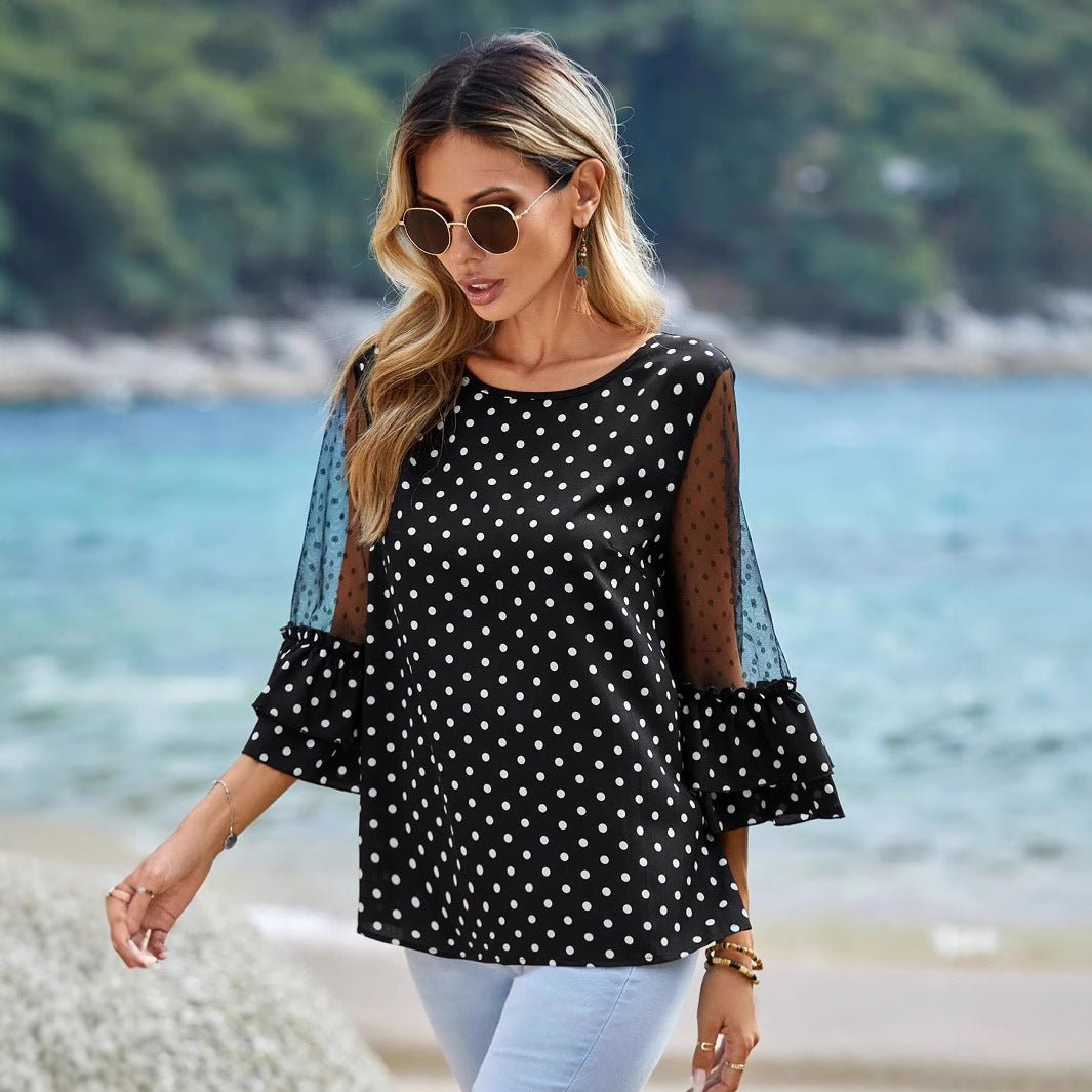 European And American Loose Casual Bell Sleeve Polka Dot Lace Patchwork Round Neck Top.