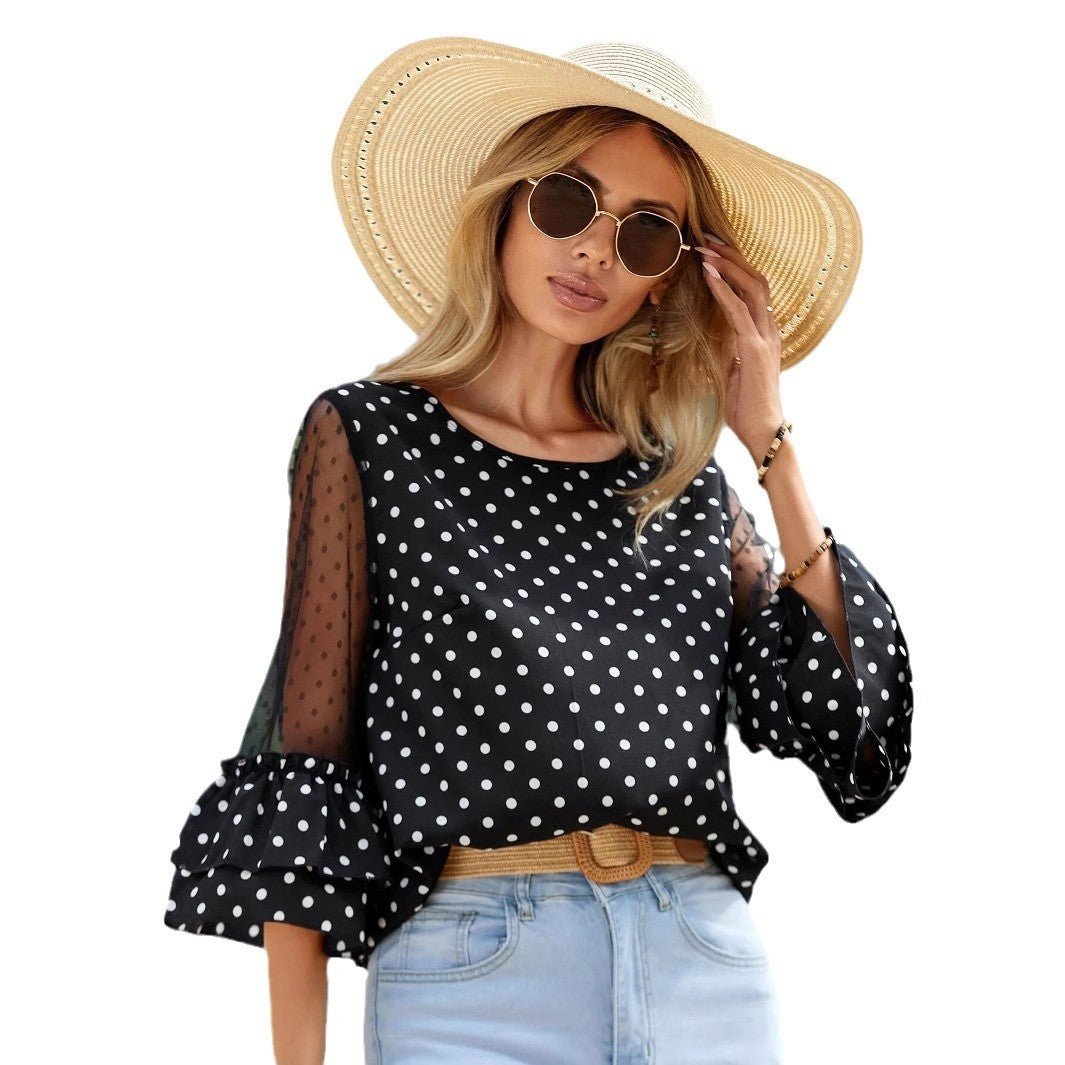 European And American Loose Casual Bell Sleeve Polka Dot Lace Patchwork Round Neck Top.