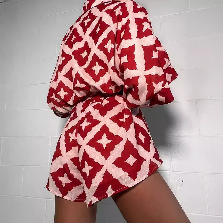 European And American Loose Casual Print Lace-up Jumpsuit Shorts.