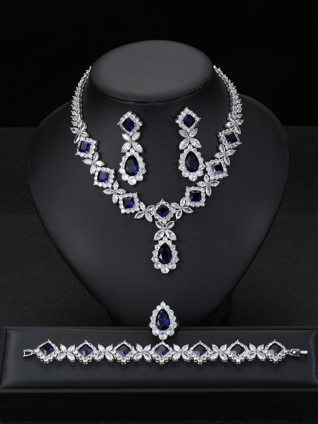 European And American Luxury Zircon Necklace Earring Bracelet Ring Suit.