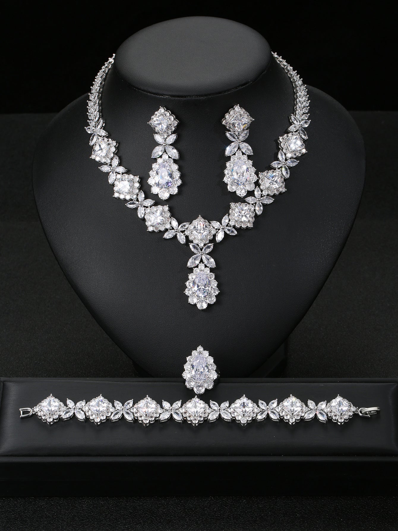 European And American Luxury Zircon Necklace Earring Bracelet Ring Suit.