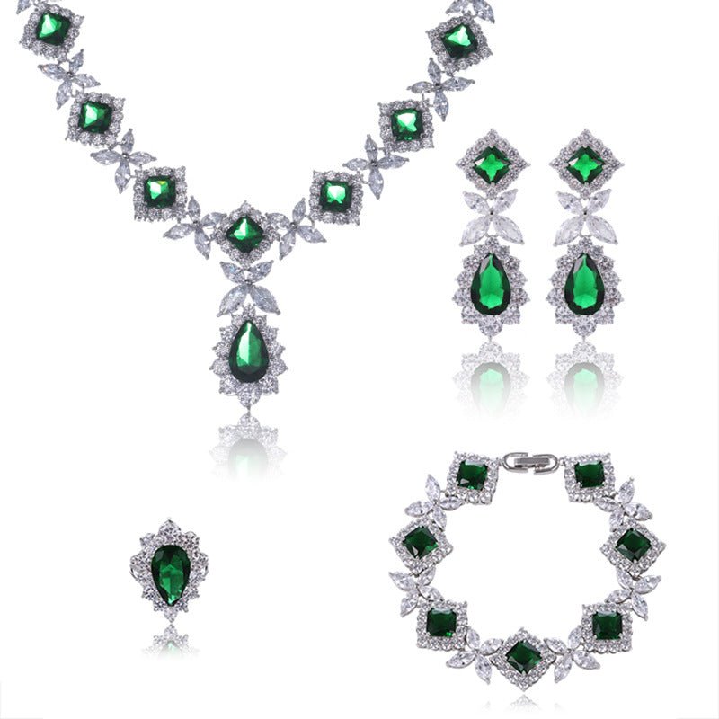 European And American Luxury Zircon Necklace Earring Bracelet Ring Suit.