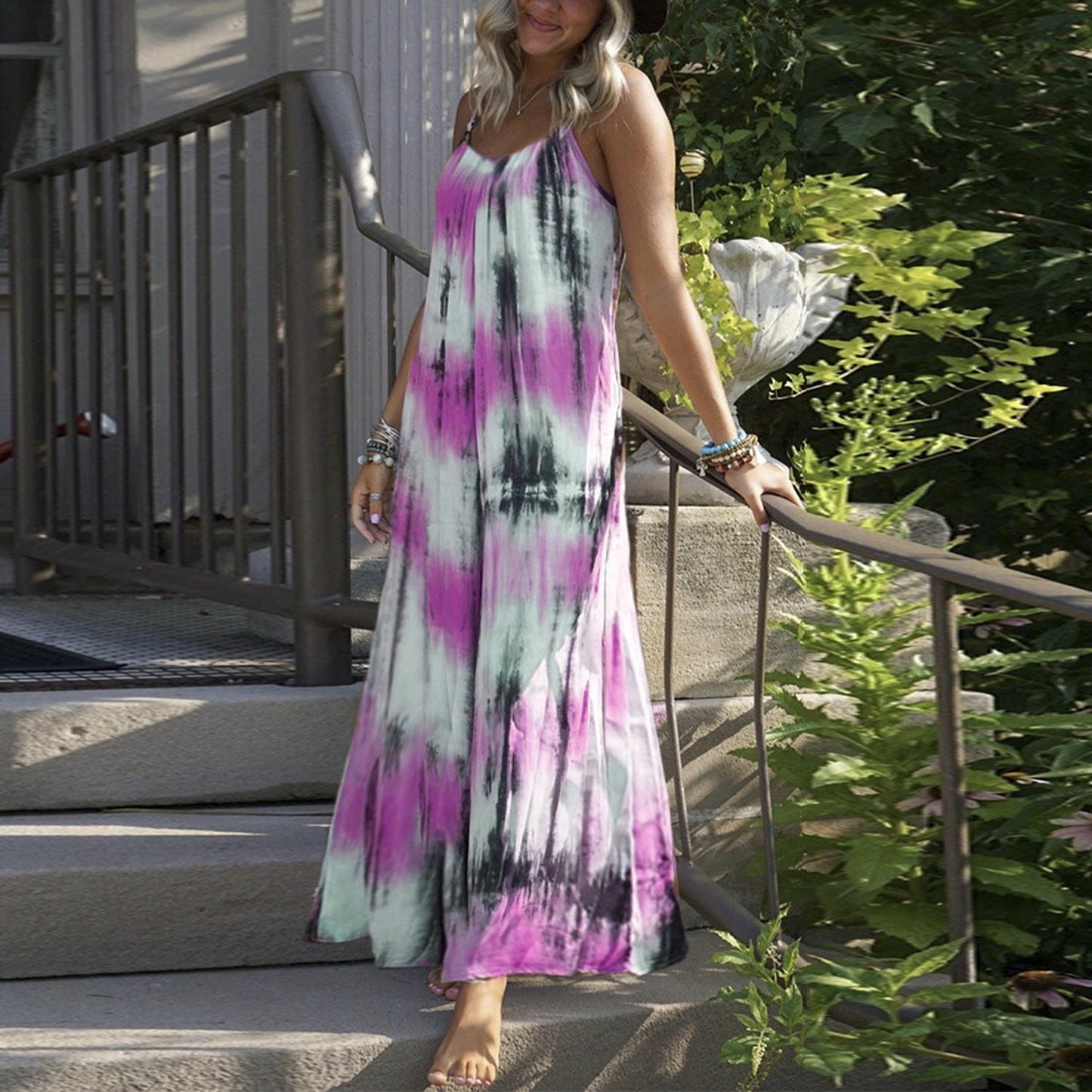 European And American Tie-dye Striped Printing Slip Plus Size Dress.