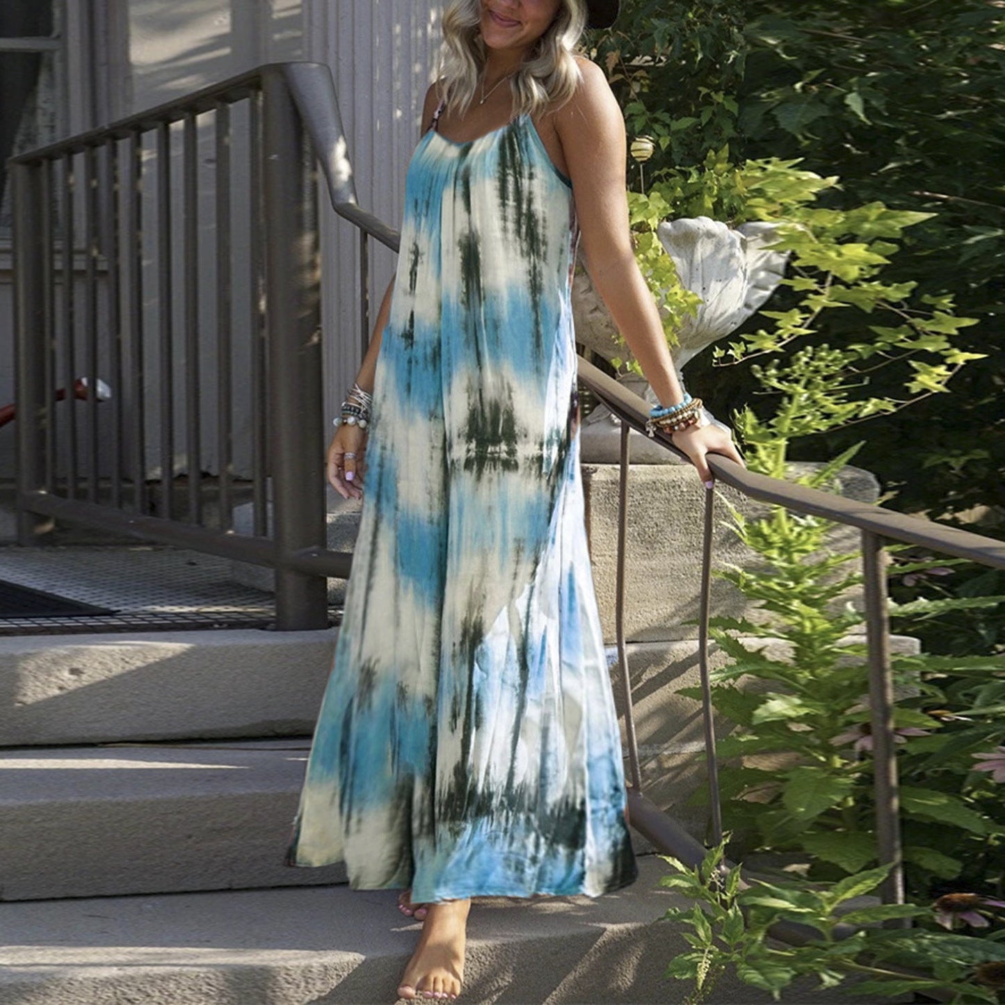European And American Tie-dye Striped Printing Slip Plus Size Dress.