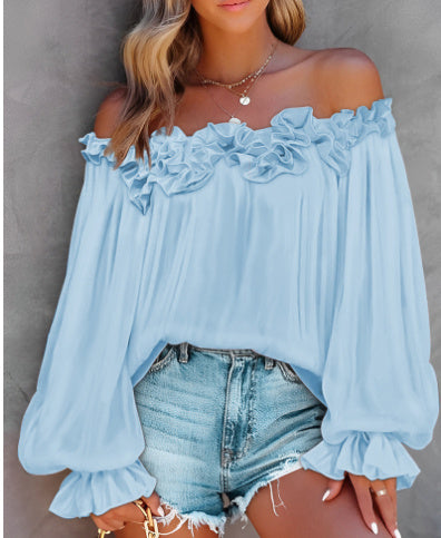 Casual Blouses Shoulder Off-Shoulder Long Sleeve Top Lotus Leaf Sleeve Shirt Loose Women's Clothing.
