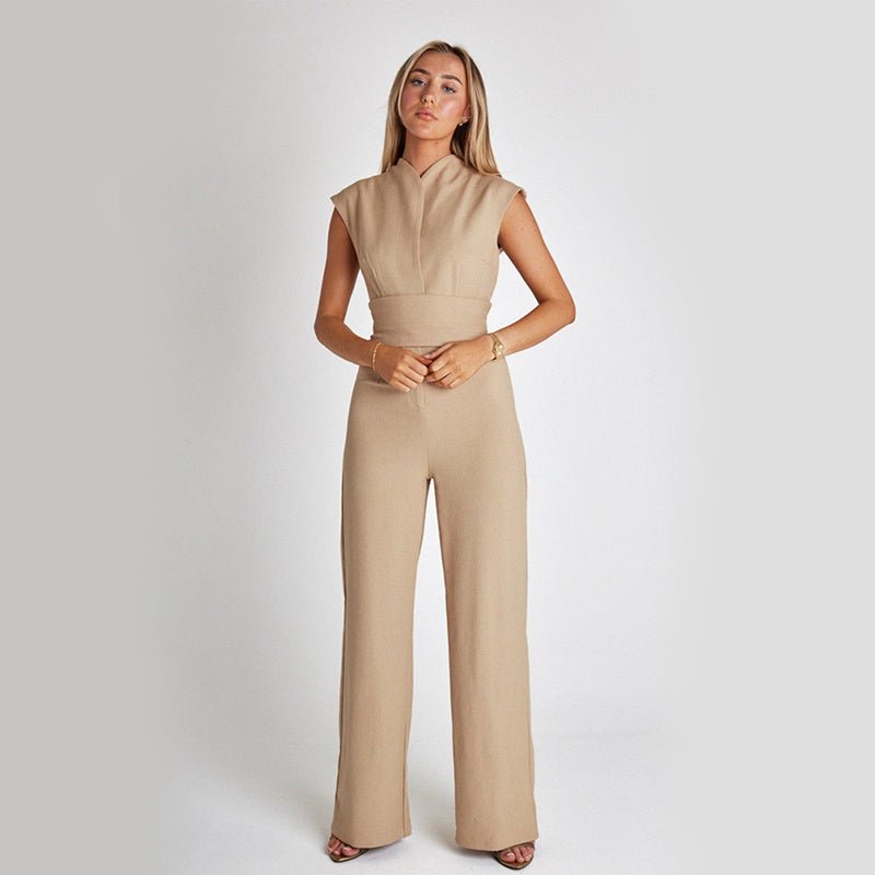 Fashion Elegant Long Sleeveless Jumpsuit Summer V-neck Casual Wide Leg Long Overalls Clothing For Women.