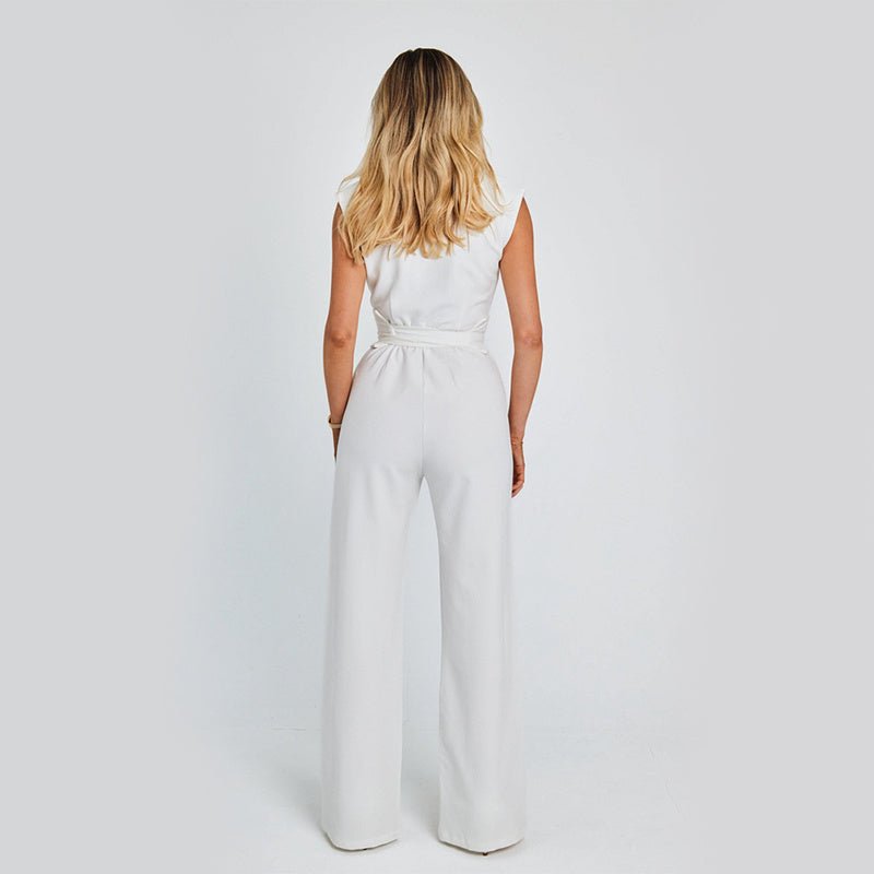 Fashion Elegant Long Sleeveless Jumpsuit Summer V-neck Casual Wide Leg Long Overalls Clothing For Women.