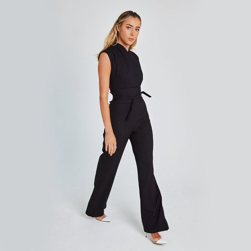 Fashion Elegant Long Sleeveless Jumpsuit Summer V-neck Casual Wide Leg Long Overalls Clothing For Women.