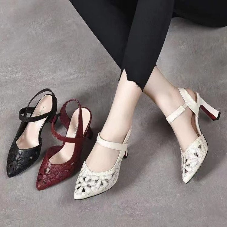 Fashion High Heel Sandals Pointed Toe Soft Leather Hollow High Heels.