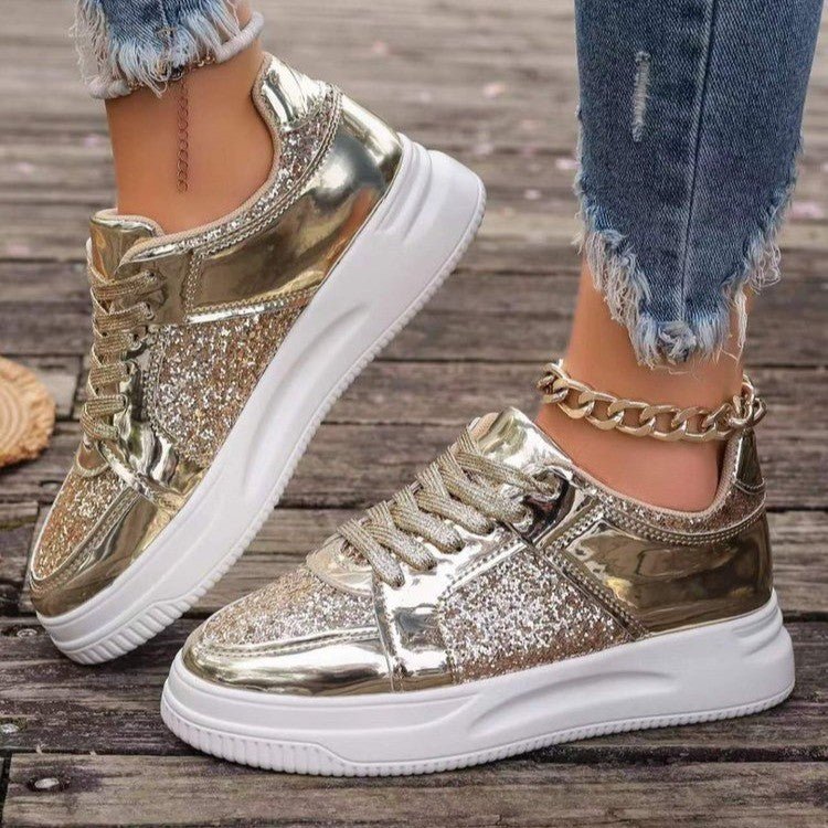 Fashion Lace-up Flat Shoes With Sequin Design Casual Sports Thick Bottom Round Toe Shoes For Women Non-slip Walking Sneakers.