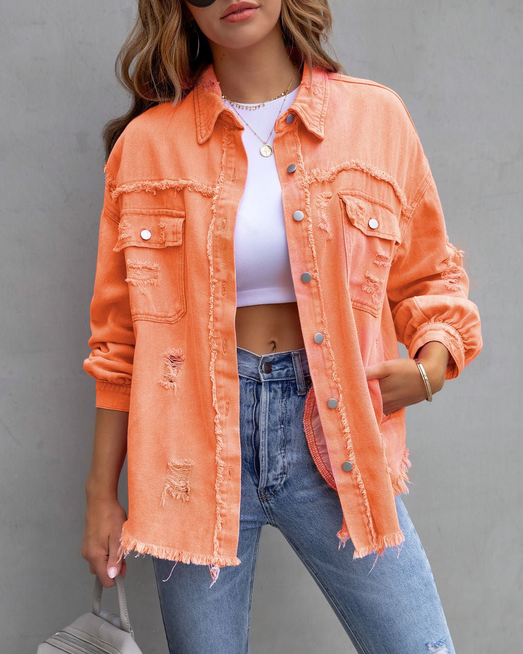 Fashion Ripped Shirt Jacket Female Autumn And Spring Casual Tops Womens Clothing.