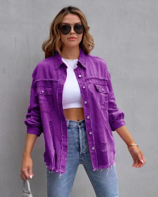 Fashion Ripped Shirt Jacket Female Autumn And Spring Casual Tops Womens Clothing.