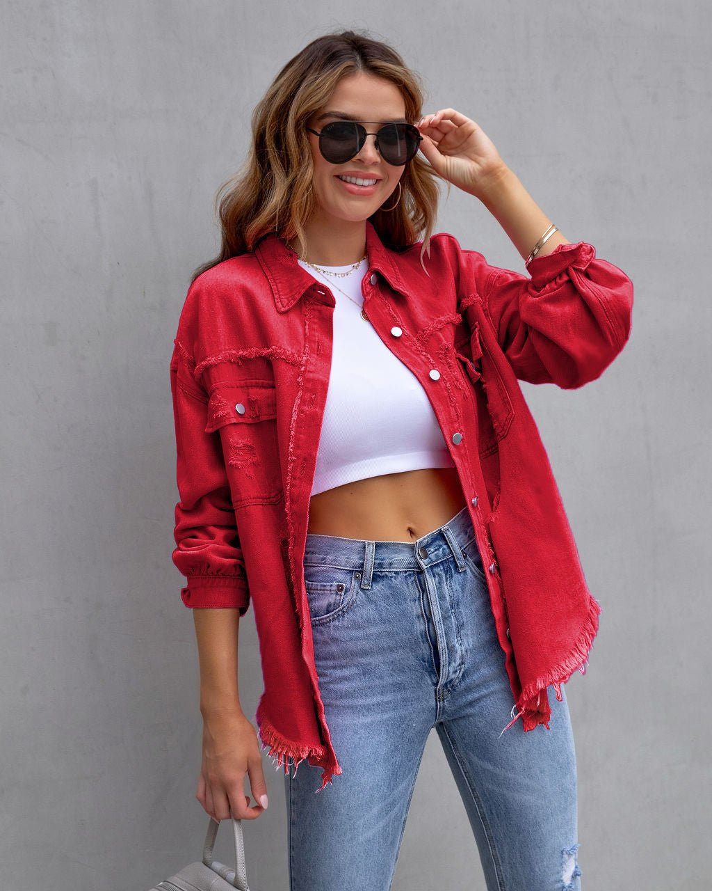 Fashion Ripped Shirt Jacket Female Autumn And Spring Casual Tops Womens Clothing.