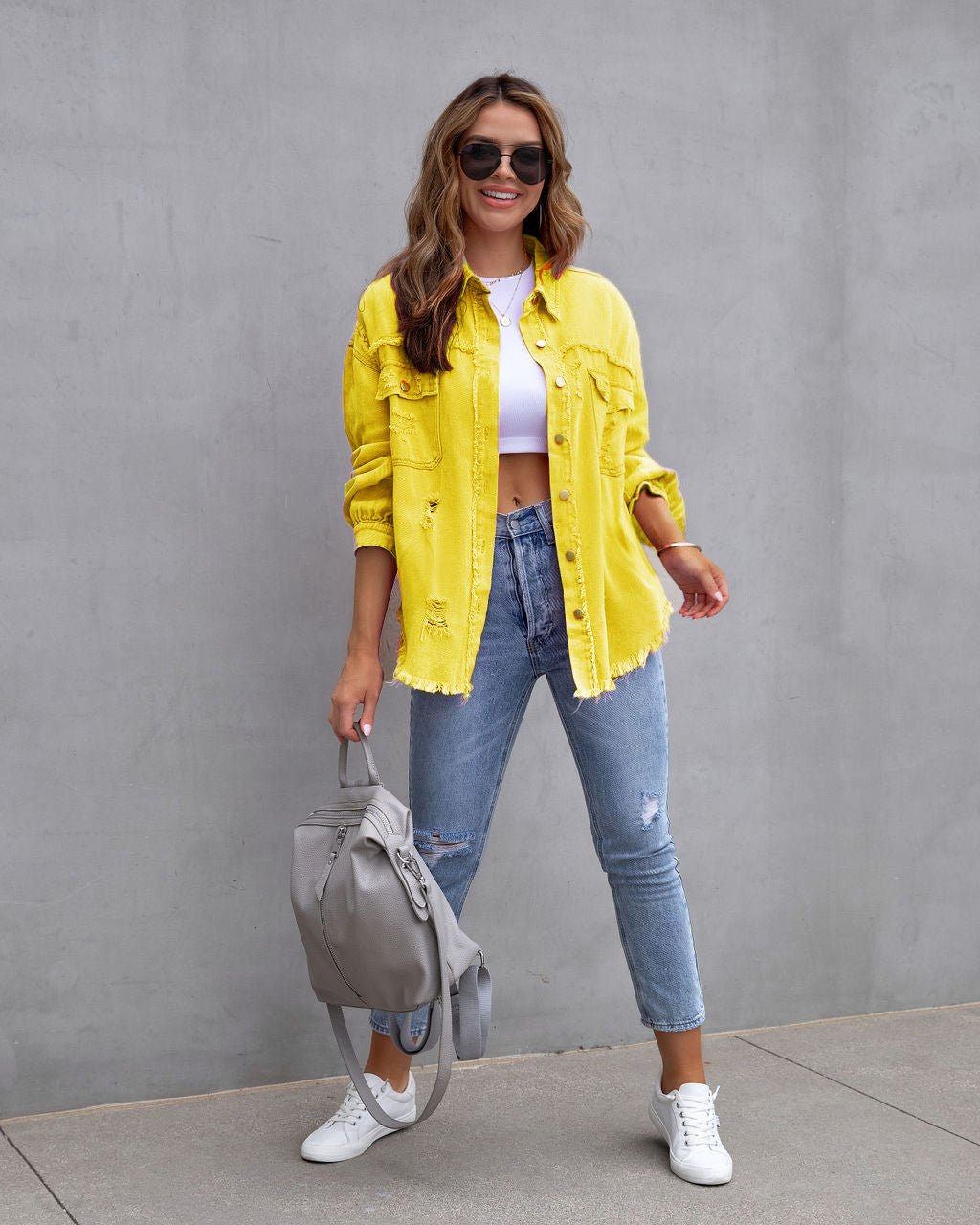 Fashion Ripped Shirt Jacket Female Autumn And Spring Casual Tops Womens Clothing.