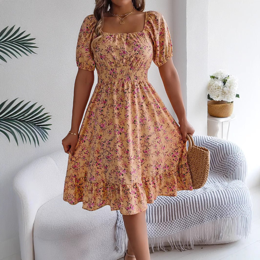 Floral Print Square Collar Dress Summer Fashion Ruffles Dresses Women's Clothing.