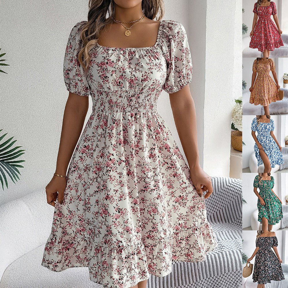 Floral Print Square Collar Dress Summer Fashion Ruffles Dresses Women's Clothing.