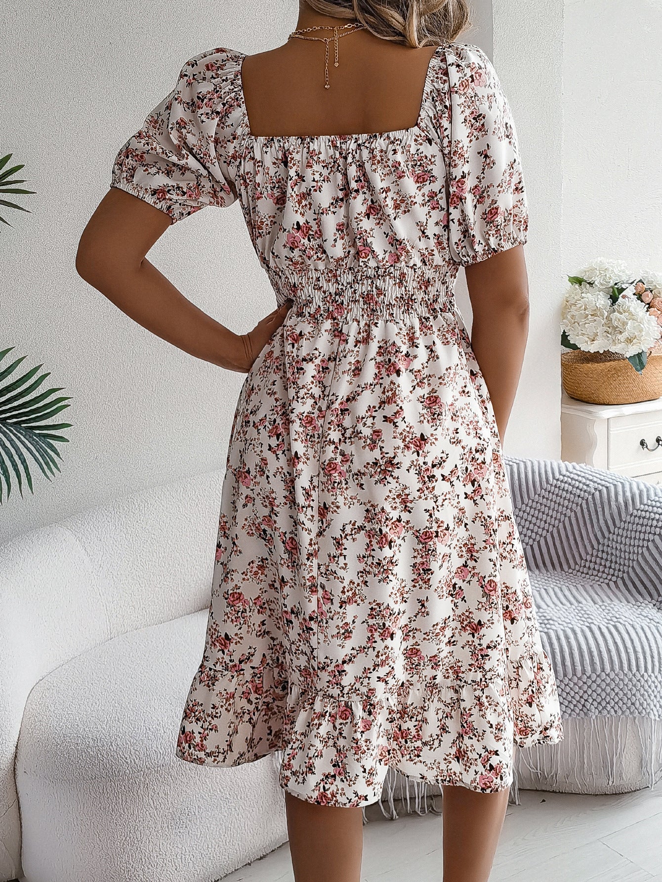 Floral Print Square Collar Dress Summer Fashion Ruffles Dresses Women's Clothing.