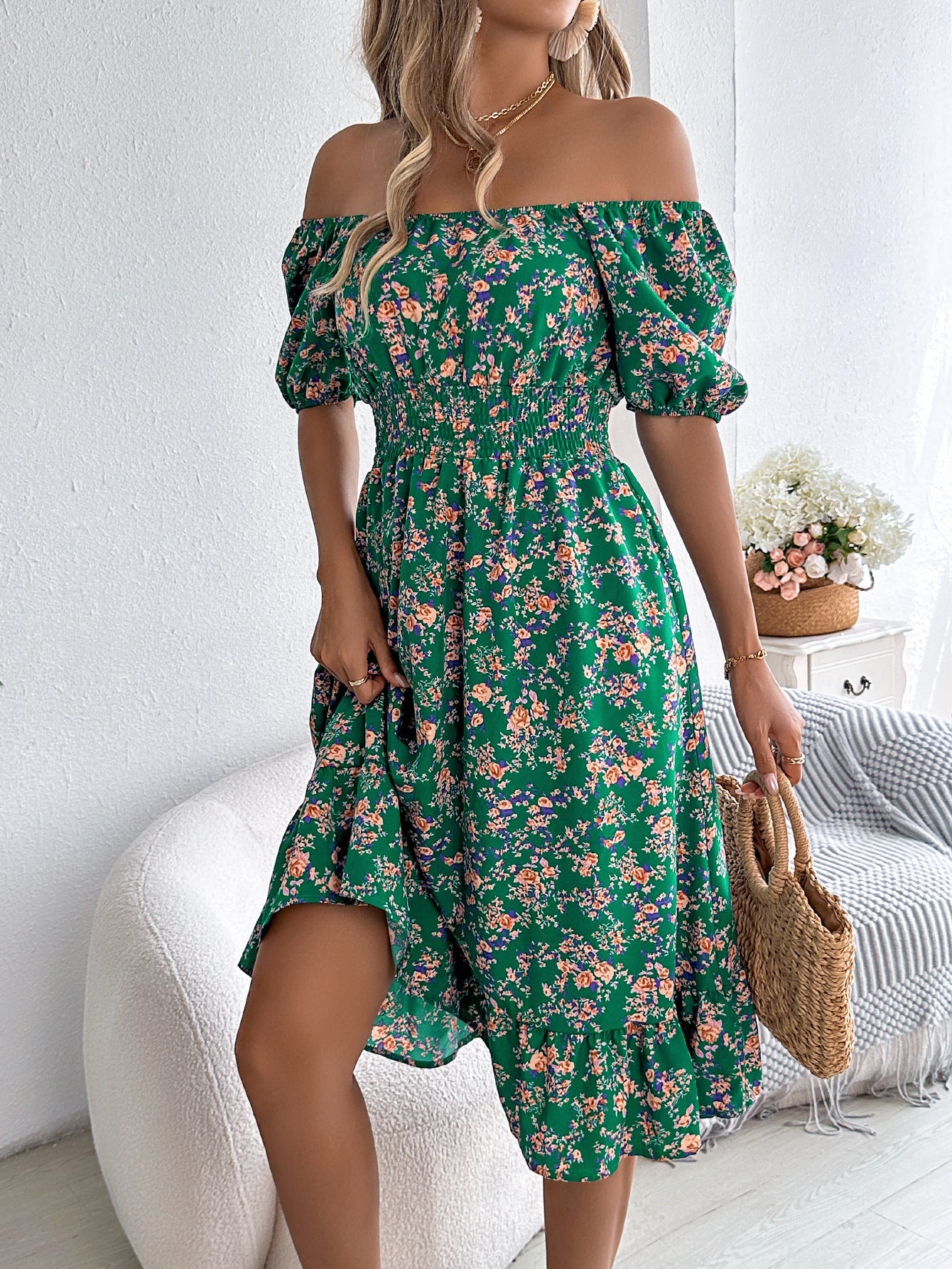 Floral Print Square Collar Dress Summer Fashion Ruffles Dresses Women's Clothing.