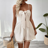Fringe Knotted Texture Waffle Suspender Jumpsuit Shorts.