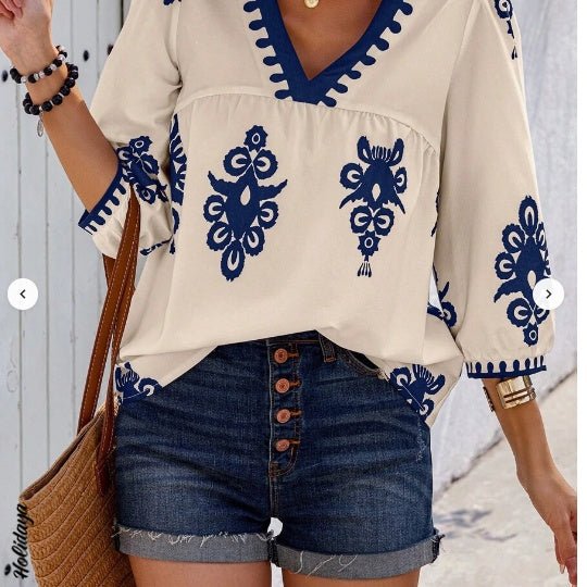 Holidaya Random Print V-Neck Casual Vacation Shirt For Women.