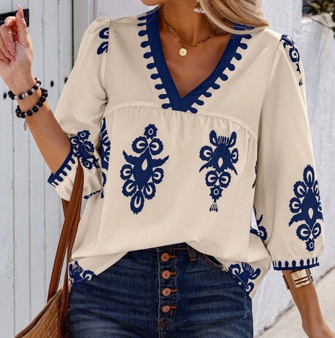 Holidaya Random Print V-Neck Casual Vacation Shirt For Women.
