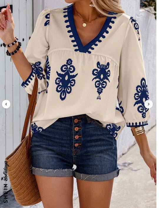 Holidaya Random Print V-Neck Casual Vacation Shirt For Women.