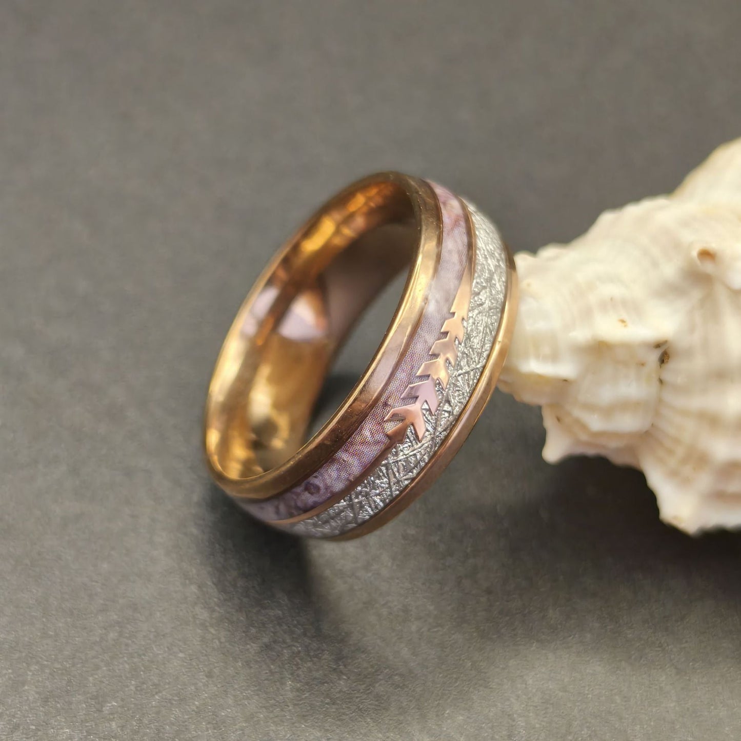 Inlaid Double Groove Marble Silver Stainless Steel Ring.