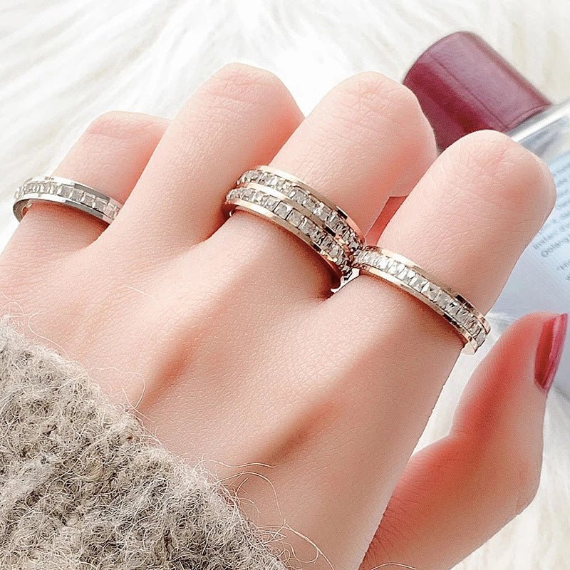 INS Rings Titanium Steel Couple Single And Double Row Diamond Ring.