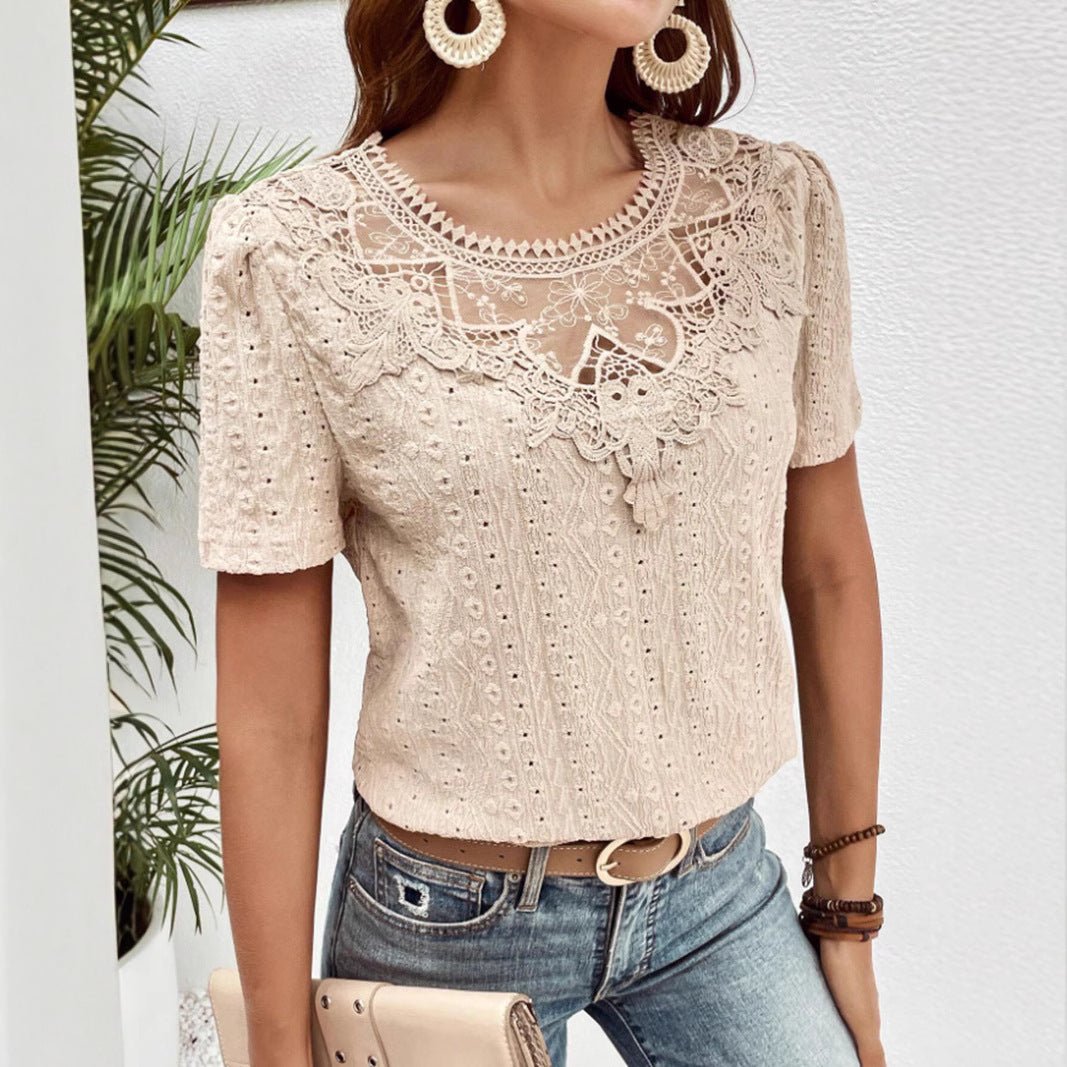 Lace Stitching Hollow Round Neck Solid Color Short Sleeve.