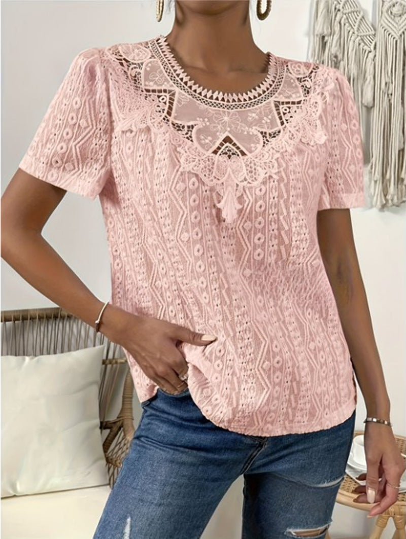 Lace Stitching Hollow Round Neck Solid Color Short Sleeve.