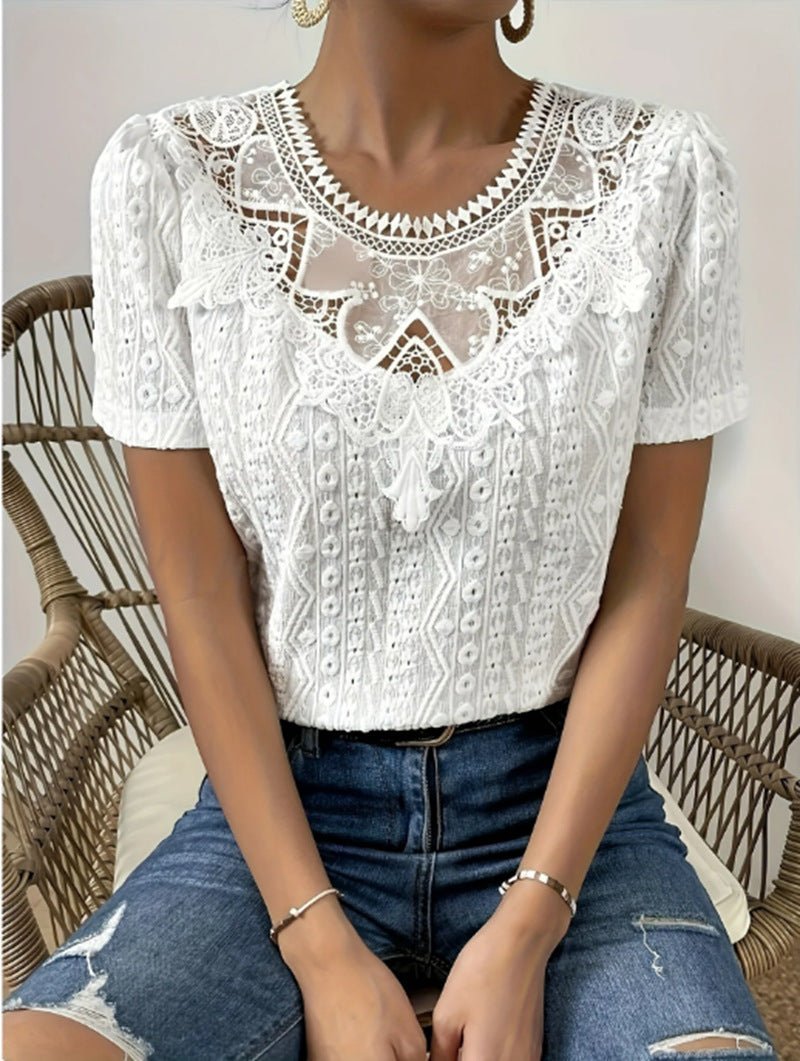 Lace Stitching Hollow Round Neck Solid Color Short Sleeve.