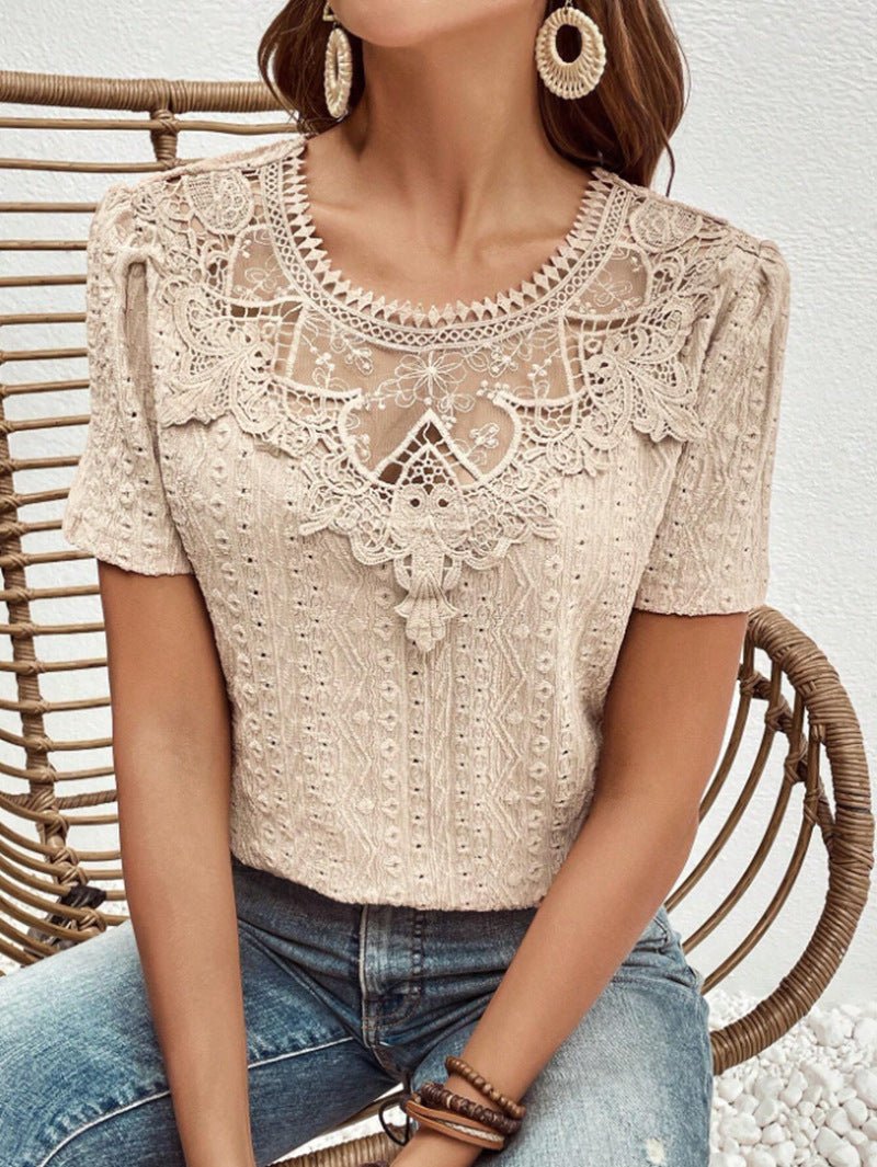 Lace Stitching Hollow Round Neck Solid Color Short Sleeve.