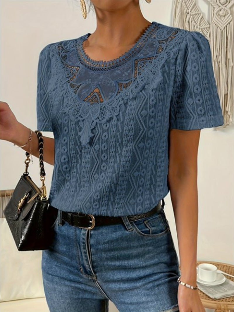 Lace Stitching Hollow Round Neck Solid Color Short Sleeve.