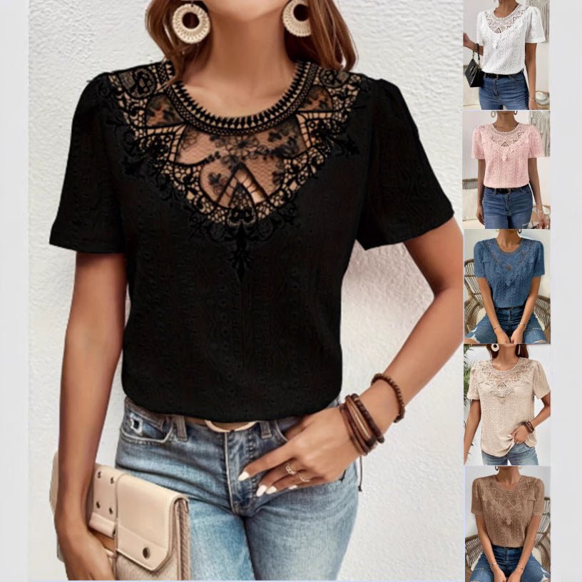 Lace Stitching Hollow Round Neck Solid Color Short Sleeve.