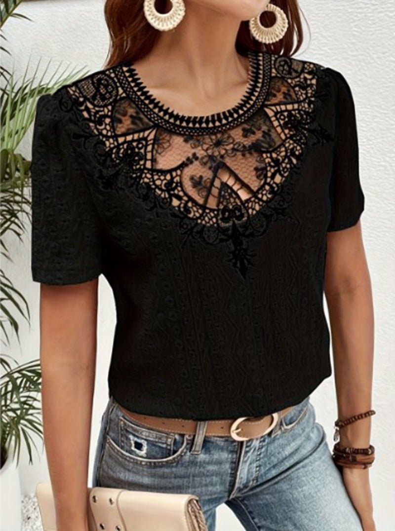 Lace Stitching Hollow Round Neck Solid Color Short Sleeve.