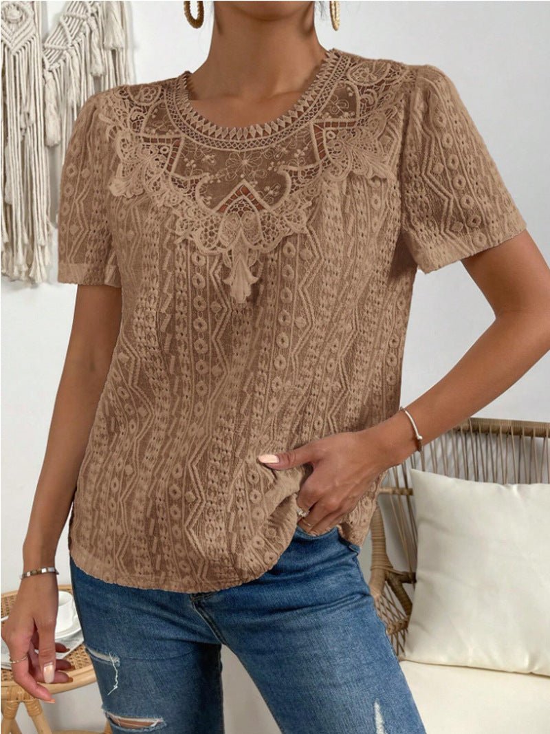 Lace Stitching Hollow Round Neck Solid Color Short Sleeve.
