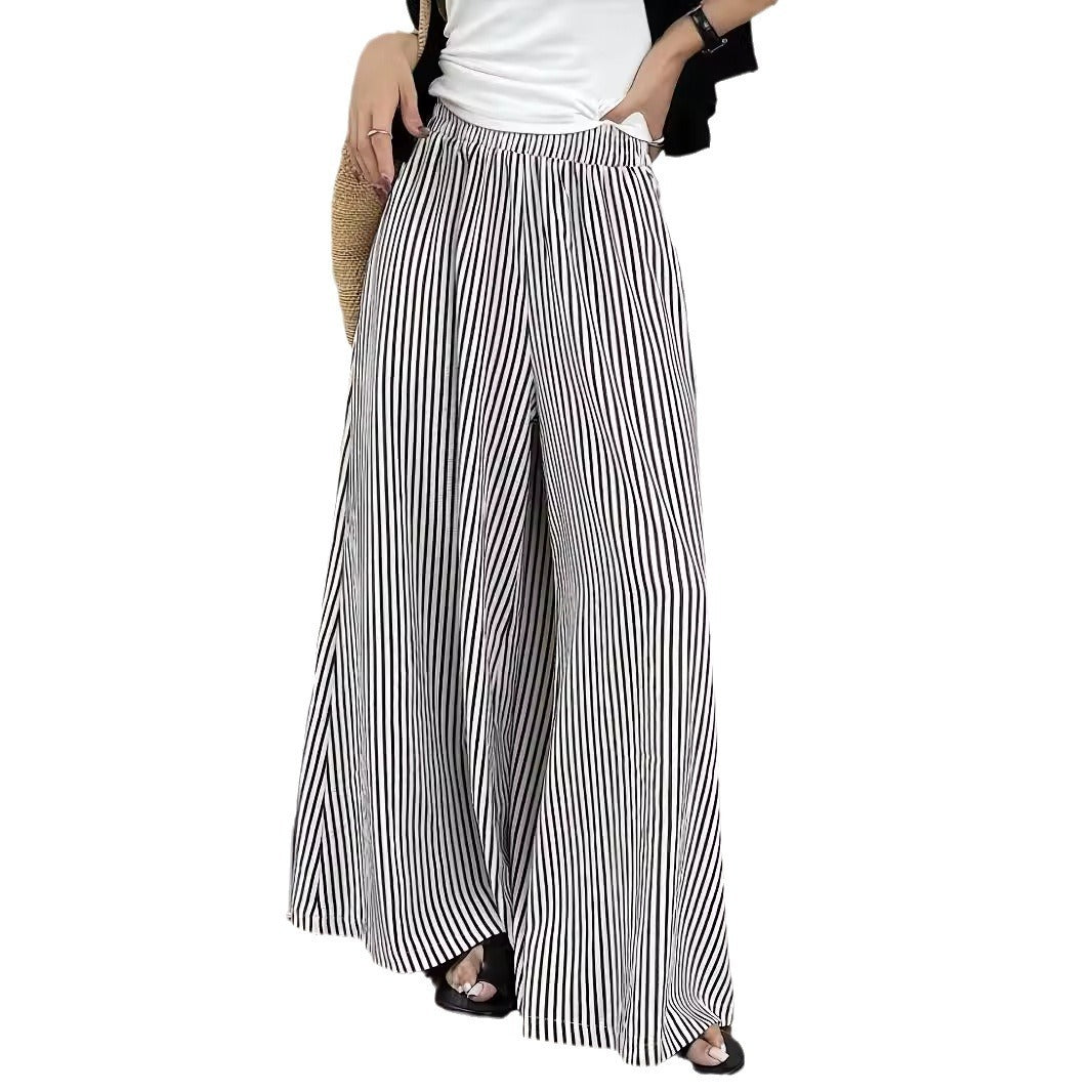 Leisure Striped Elastic Waist Wide-leg Draggle-tail Trousers.