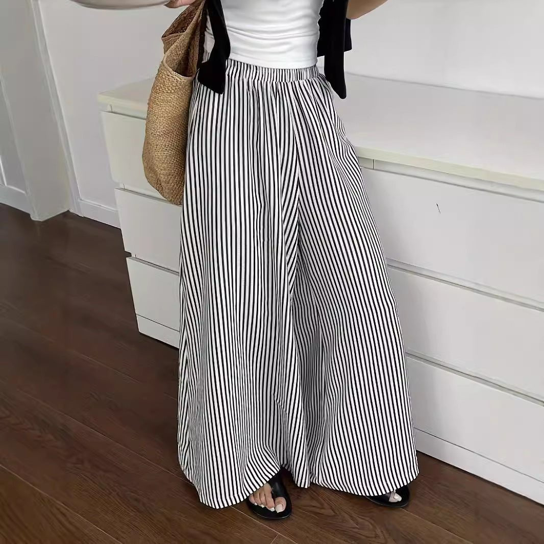 Leisure Striped Elastic Waist Wide-leg Draggle-tail Trousers.