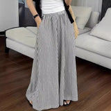 Leisure Striped Elastic Waist Wide-leg Draggle-tail Trousers.