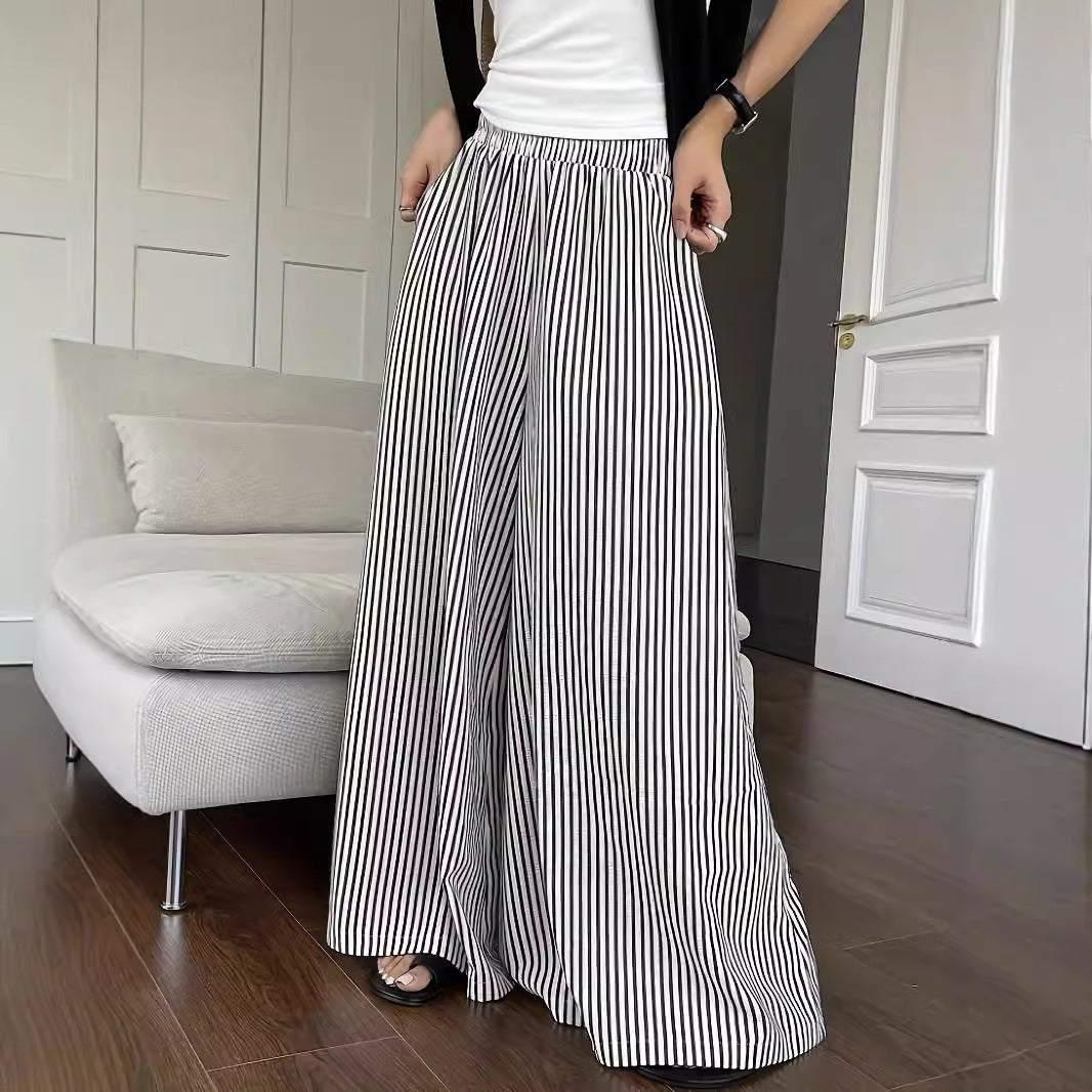 Leisure Striped Elastic Waist Wide-leg Draggle-tail Trousers.